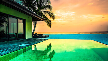 Fototapeta premium Luxury Modern Villa with Infinity Pool Overlooking Tropical Beach at Sunset