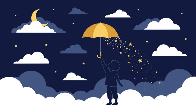 A child stands under an umbrella of stars in a dreamy nightscape illustration