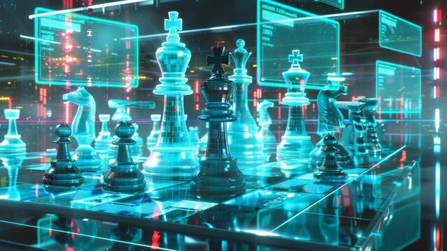 Futuristic Holographic Chess Tournament with Neon Lights and Digital Boards in High-Tech Arena