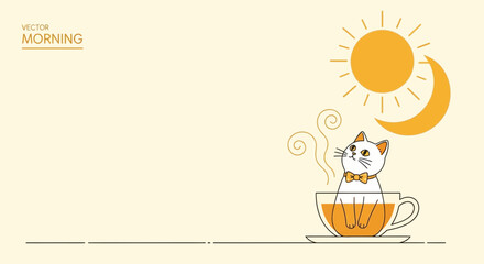 A cute white cat wearing a bow tie sits in a cup of tea on a calm morning