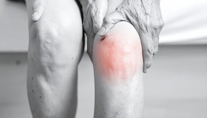 Naklejka premium A grayscale image of a seated elderly person holding their knee, with a red highlight emphasizing the area.