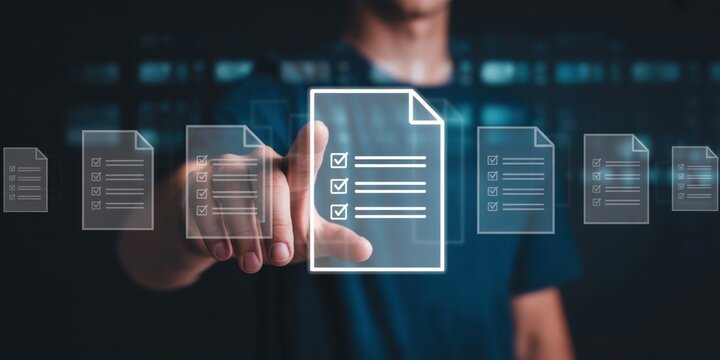 Digital Checklist - A man's hand interacting with a glowing checklist icon and various digital documents, symbolizing task completion and quality assurance