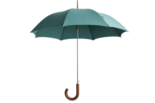 Umbrella with a curved handle and teal canopy.