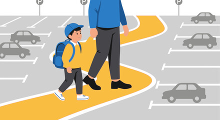 A father and son walking together in parking lot with cars and yellow line road for safety