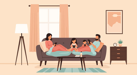 Fototapeta premium A family relaxing on the sofa in their living room enjoying books and mobile phones together in a modern lifestyle