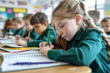 Focused schoolchildren in uniforms writing in notebooks during a classroom lesson, seated at desks in a bright, busy learning environment.