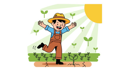 A happy farmer rejoices in the revitalized fields after the drought, symbolizing resilience