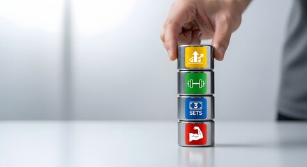 Man's hand creating a workout routine by stacking colorful blocks with fitness icons for a strength training plan