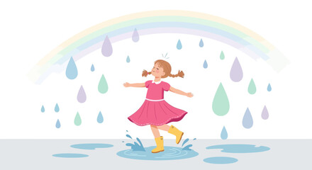 A joyful girl with braids jumps in a puddle under a rainbow after the rain showing the innocence of childhood happiness