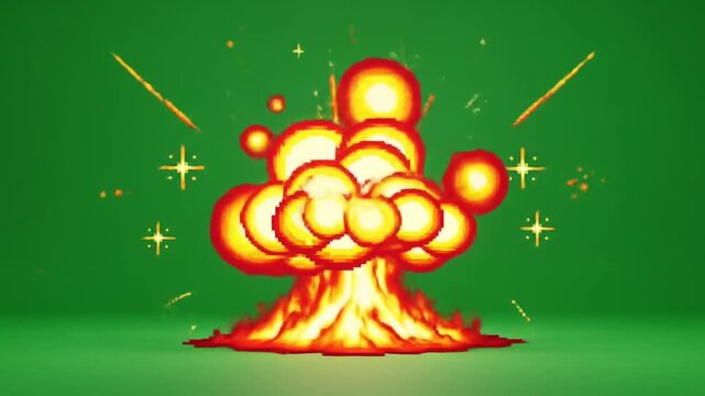 Retro Style Pixel Art Explosion with Fire and Sparks on a Green Screen Backdrop in a Cartoon Aesthetic