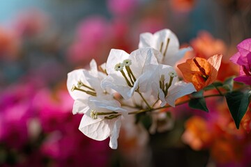 Close-up of vibrant bougainvillea flowers, white and orange blossoms in focus, surrounded by pink