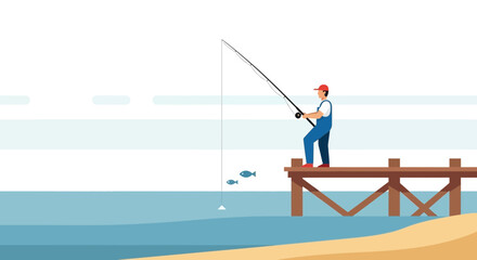 A man fishing from a pier casting his line into the water with a simple background demonstrating a peaceful activity for recreation