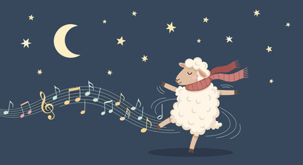 A musical lullaby a cute sheep dances under the moon and stars creating magical sounds