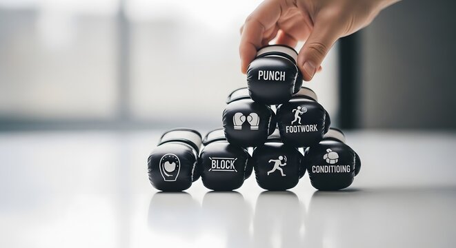 Conceptual image of building a foundation for boxing success. A hand stacks training elements like punch, block, and footwork in a pyramid