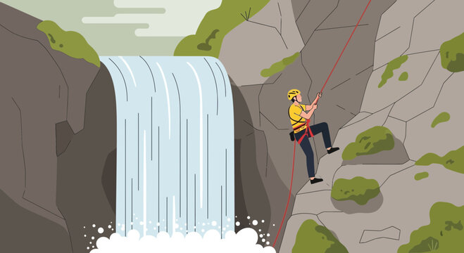 Adventurous Climber Ascending Rocky Cliffside Near Cascading Waterfall View