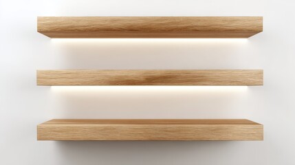 Three floating wooden shelves with integrated lighting against a white wall, displaying modern minimalist design