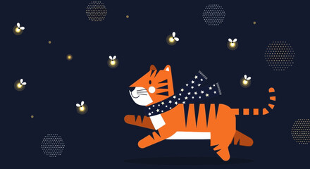 Adventurous Tiger Character Running In Night With Fireflies And Star Scarf