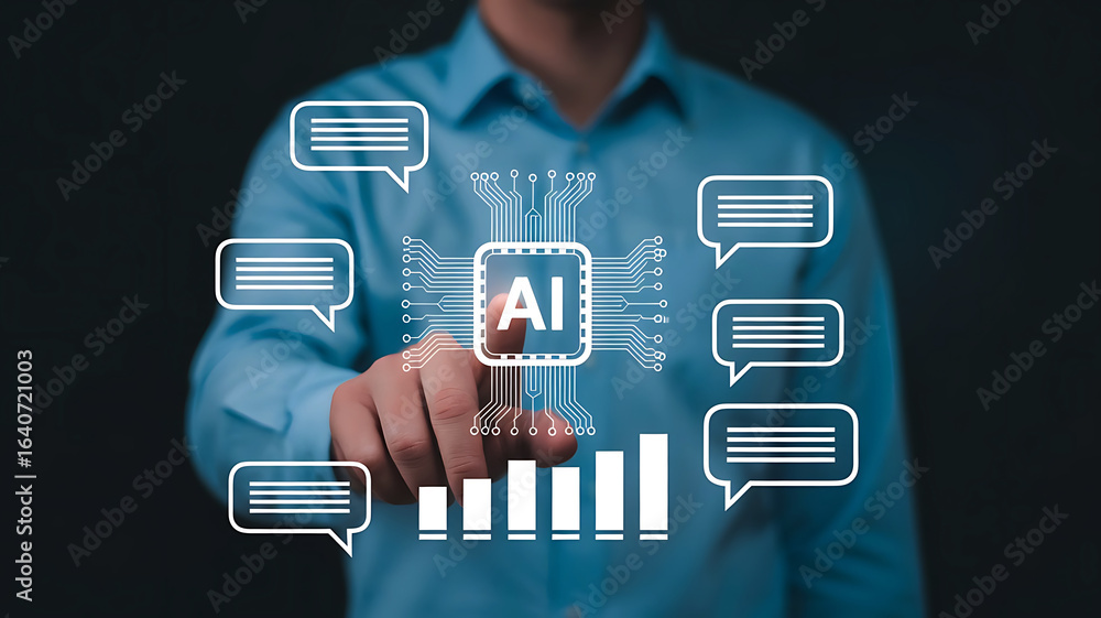 Poster person interacting with ai technology data analysis and communication bubbles on a dark background