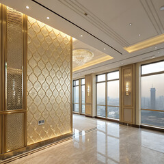 Luxury hotel suite with champagne-gold metallic walls, subtle diamond pattern embossing, and large floor-to-ceiling windows.