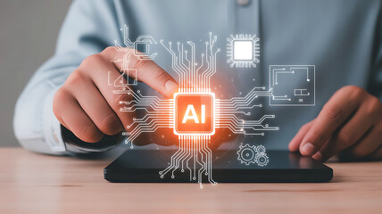 Person s hands interacting with a glowing ai chip and digital circuit board overlay on a smartphone screen