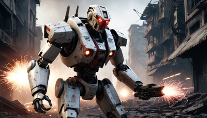 Fototapeta premium War damaged robot shooting gun in a post-apocalyptic city
