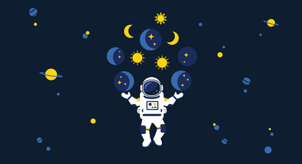 An astronaut juggles celestial objects in a whimsical space scene illustration