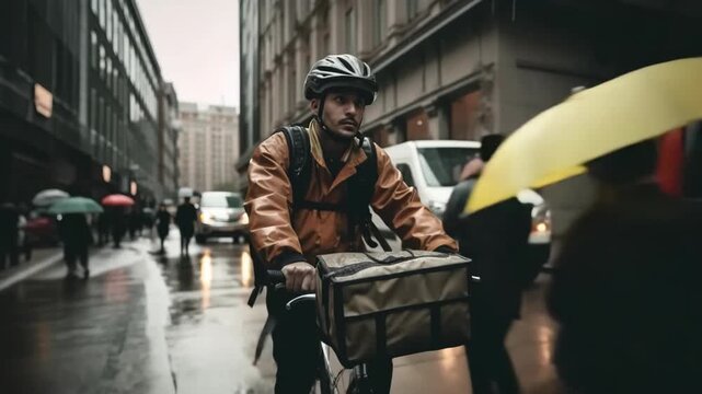 Determined delivery cyclist rides through rainy urban street with large insulated food bag