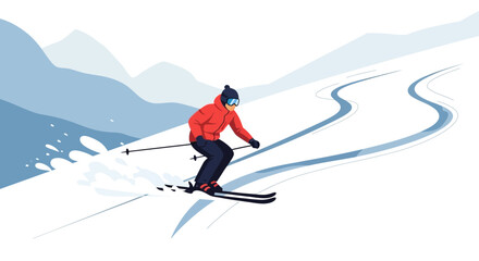 A winter sport adventure vector illustration showcasing a skier gracefully descending on snowy slope