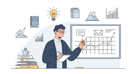Fototapeta premium Analyzing Market Trends Man Explaining Graph and Chart Board Investment Strategy
