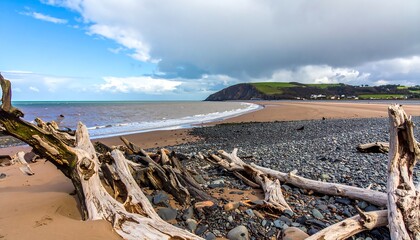 Coastal beach scene with driftwood