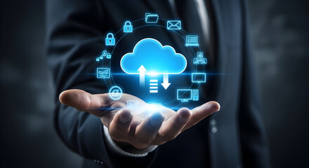 Fototapeta premium Cloud computing solution for secure data transfer and storage presented by professional businessman