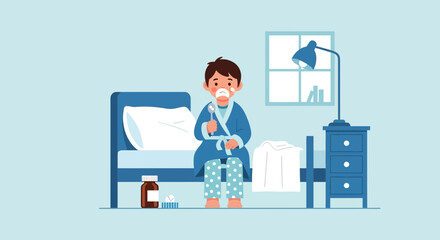 Naklejka premium A young boy wearing a bathrobe is sitting on his bed taking medication