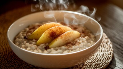 Autumn Oatmeal with pear and cinnamon. Porridge for healthy breakfast