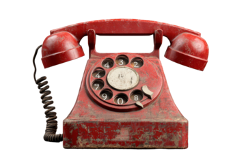 Vintage red telephone displayed against a simple gray background showcasing its classic design and charm from a bygone era