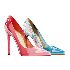 Pair of high-heeled shoes with floral and solid color designs.