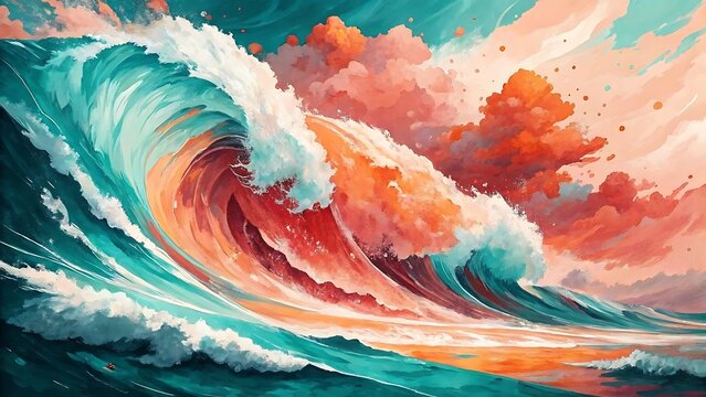 Vibrant, stylized painting of a massive, powerful ocean wave crashing under a colorful orange sky.