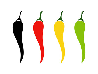 Chili pepper, a set of bright multicolored variants of hot peppers isolated on white, flat vector illustration. Decorative element for decoration, design, label. Collection of icons and logos