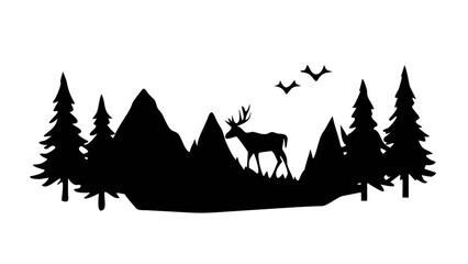 Silhouette of a deer in a mountain landscape with pine trees and birds flying in the sky design vector