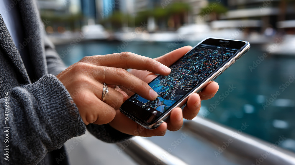 Poster hand holding smartphone with gps navigator map on display