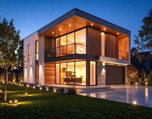 Obraz na płótnie Canvas modern residential house with lights on at night, real estate lifestyle