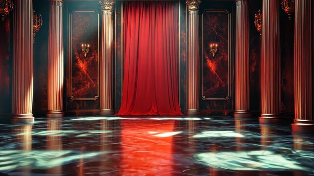 Grand theater stage with red curtain, ornate columns, and dramatic lighting, ready for performance