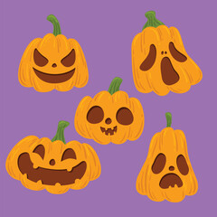 Set of five carved halloween pumpkins with different spooky faces