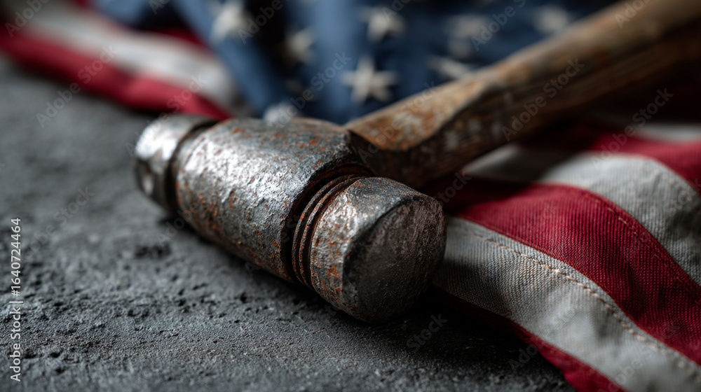 Poster close up of a rusty hammer resting on an american flag with a textured gray background surface