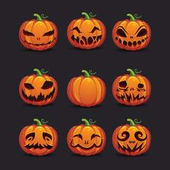 Collection of nine carved halloween pumpkins with various spooky faces