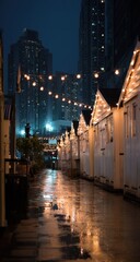 Obraz premium Night alleyway, lit by string lights, rain reflecting city lights