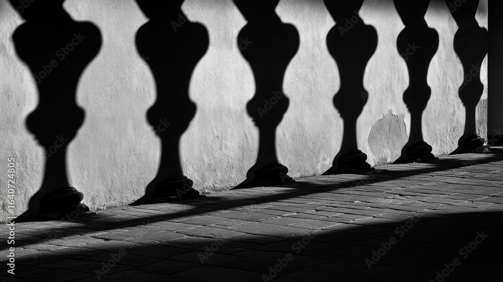 Poster geometric shadows of balustrade posts create a rhythmic monochrome pattern against a wall