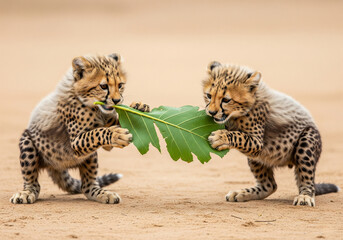 Naklejka premium A delightful scene of two young cheetah cubs engaged in a playful tug-of-war with a large green leaf in the African savanna