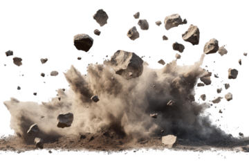 Dust and debris erupt from the ground creating a dramatic explosion of materials in an arid landscape during daylight hours