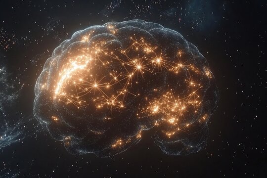 Swirling galaxy shaped like a brain neurons firing across the stars synaptic pathways glowing like constellations symbolizing the cosmic nature of consciousness and science