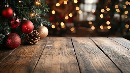 Festive Christmas ornaments on wooden table with lights